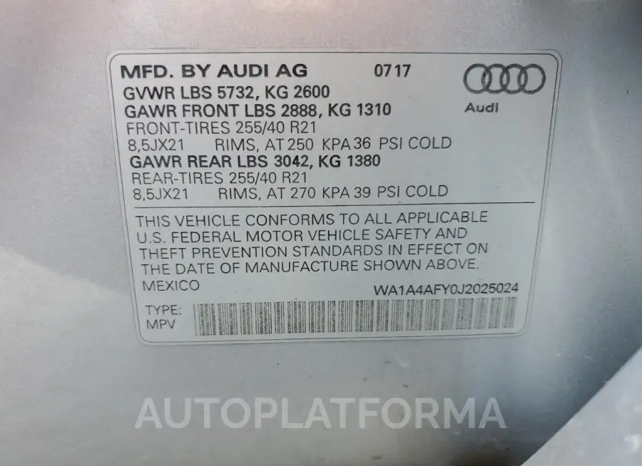 AUDI SQ5 PREMIU 2018 vin WA1A4AFY0J2025024 from auto auction Copart