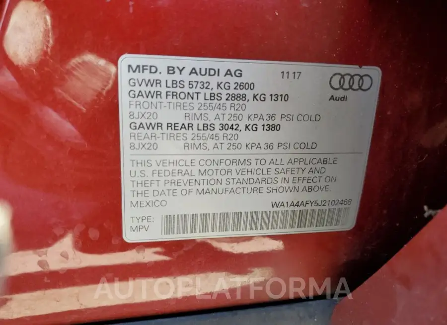 AUDI SQ5 PREMIU 2018 vin WA1A4AFY5J2102468 from auto auction Copart