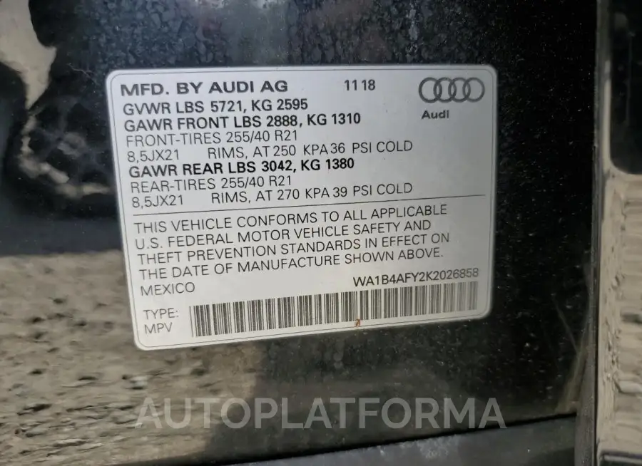 AUDI SQ5 PREMIU 2019 vin WA1B4AFY2K2026858 from auto auction Copart