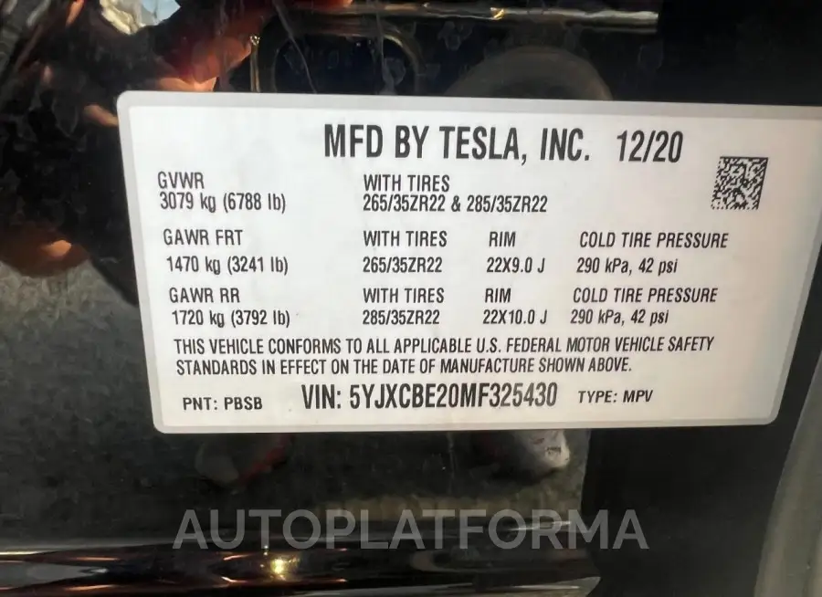 TESLA MODEL X 2021 vin 5YJXCBE20MF325430 from auto auction Copart