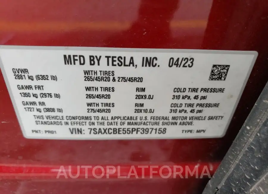 TESLA MODEL X 2023 vin 7SAXCBE55PF397158 from auto auction Copart