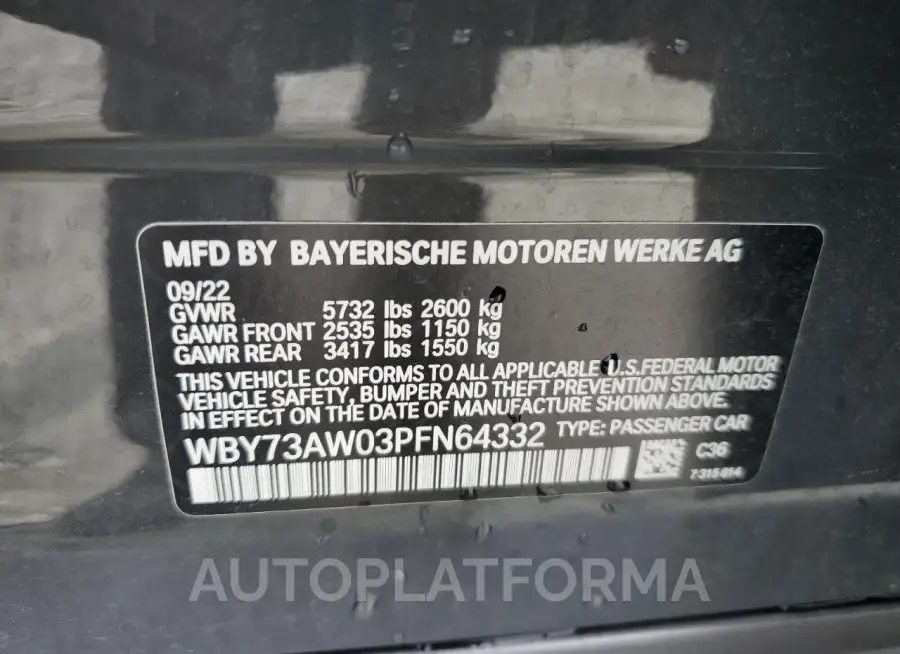 BMW I4 EDRIVE 2023 vin WBY73AW03PFN64332 from auto auction Copart