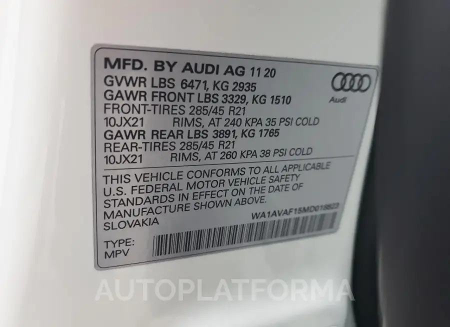 AUDI Q8 PREMIUM 2021 vin WA1AVAF15MD018823 from auto auction Copart