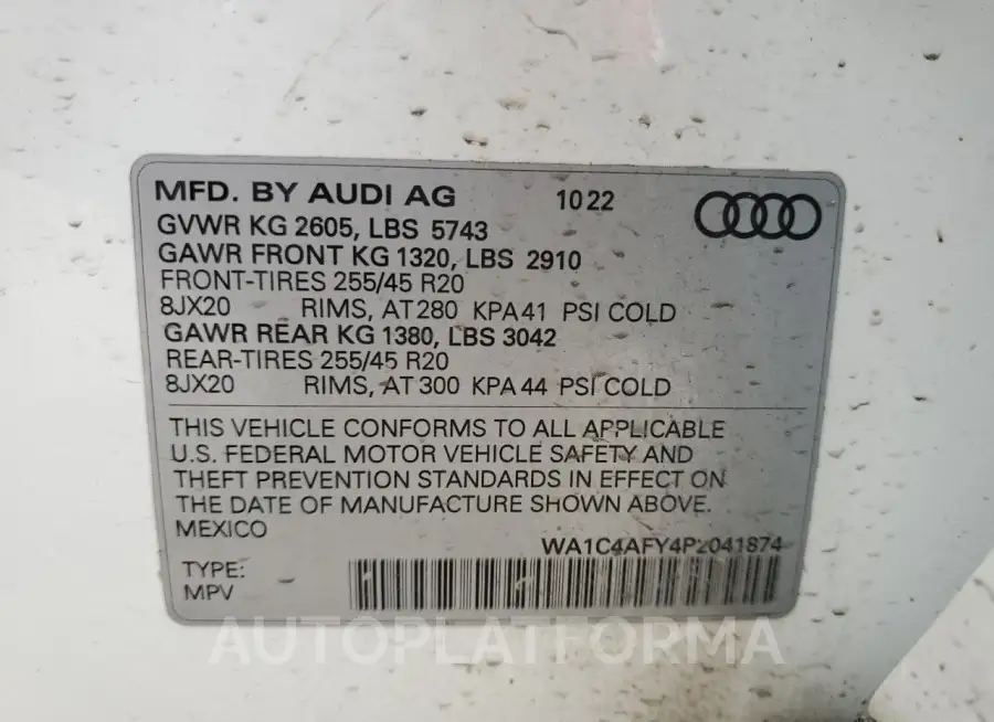 AUDI SQ5 PRESTI 2023 vin WA1C4AFY4P2041874 from auto auction Copart