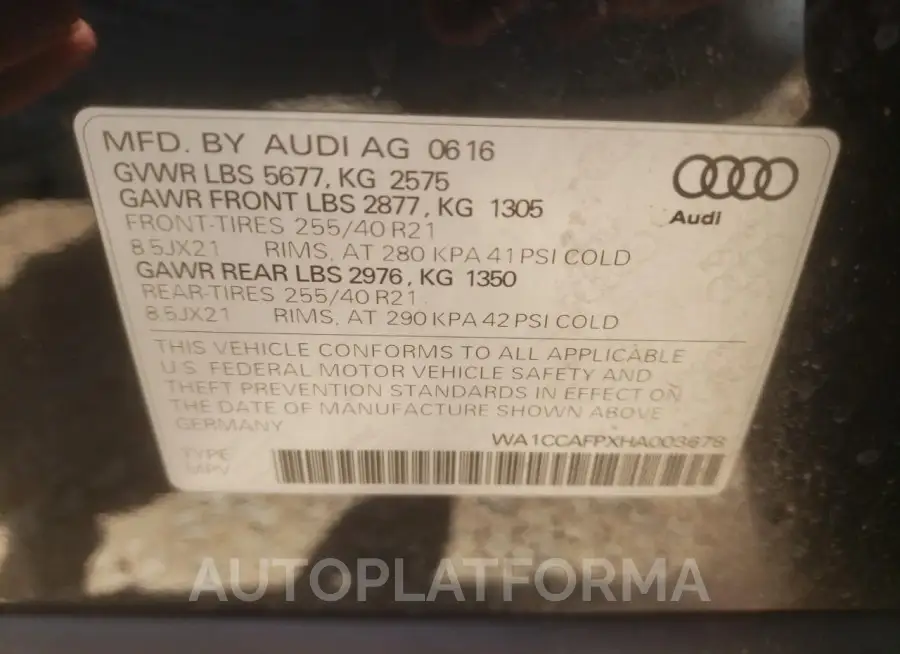 AUDI SQ5 PREMIU 2017 vin WA1CCAFPXHA003678 from auto auction Copart