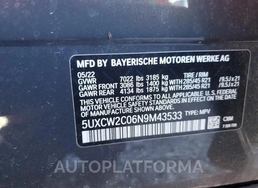 BMW X7 XDRIVE4 2022 vin 5UXCW2C06N9M43533 from auto auction Copart