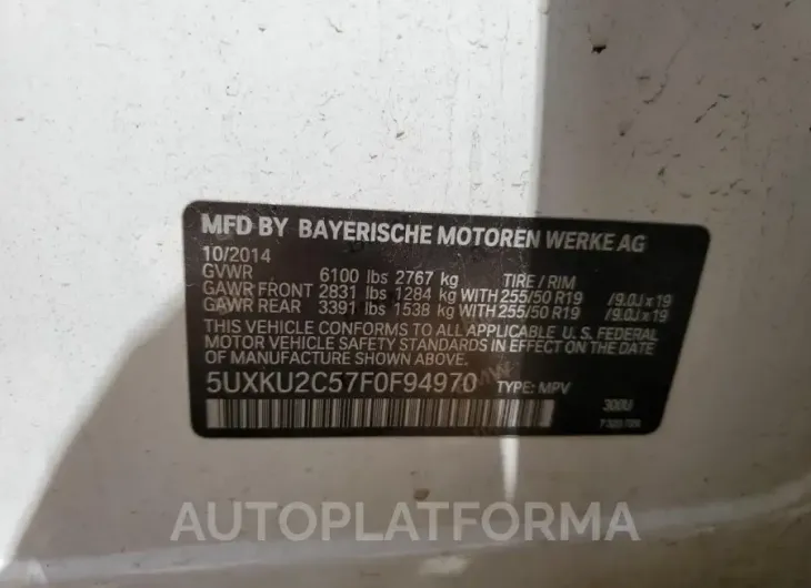 BMW X6 XDRIVE3 2015 vin 5UXKU2C57F0F94970 from auto auction Copart