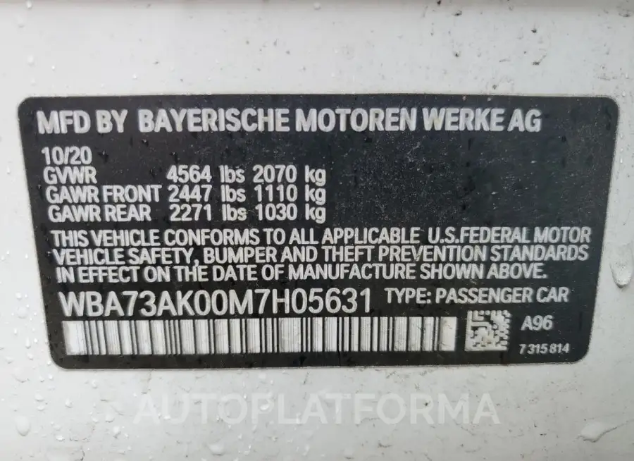 BMW 228XI 2021 vin WBA73AK00M7H05631 from auto auction Copart