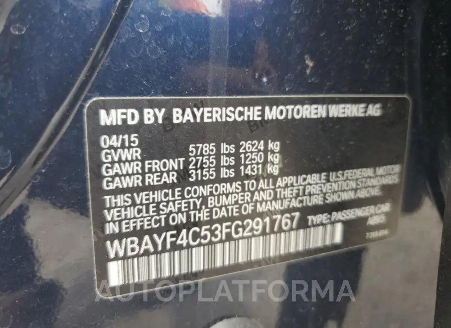 BMW 740 LXI 2015 vin WBAYF4C53FG291767 from auto auction Copart