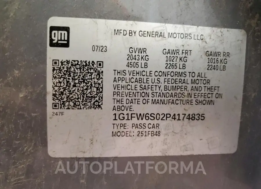 CHEVROLET BOLT EV 1L 2023 vin 1G1FW6S02P4174835 from auto auction Copart