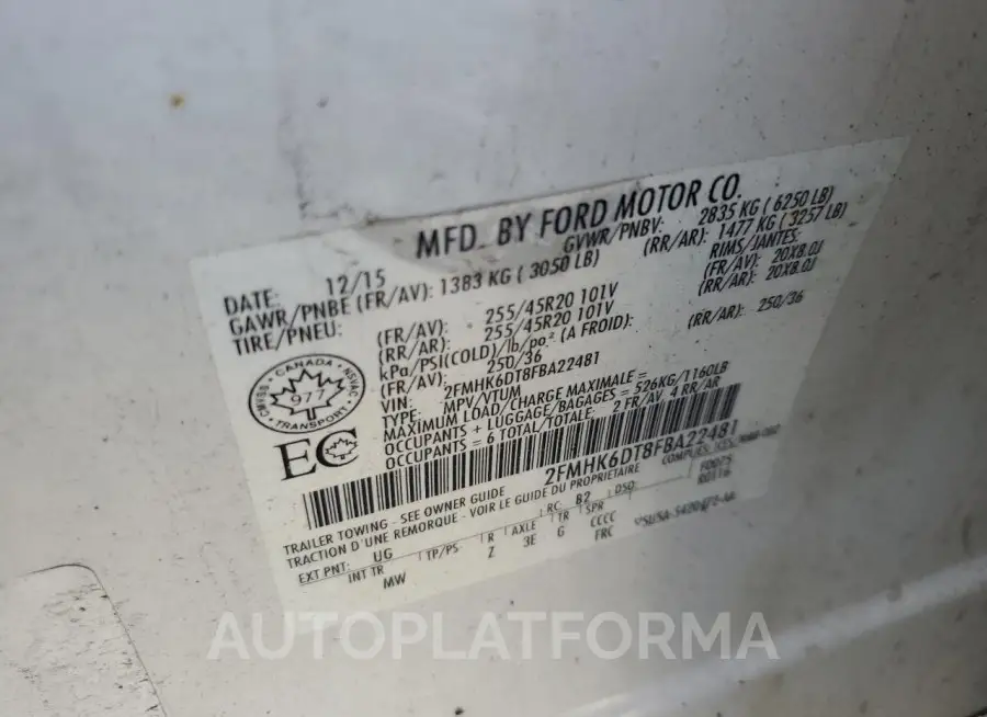 FORD FLEX LIMIT 2015 vin 2FMHK6DT8FBA22481 from auto auction Copart