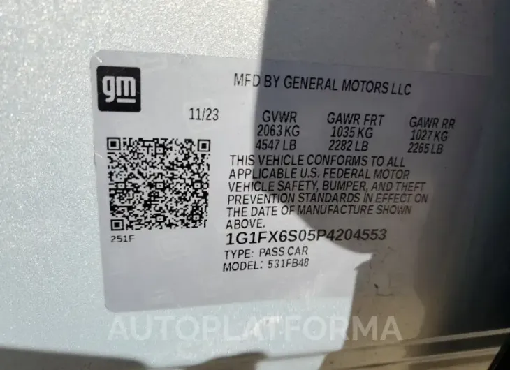 CHEVROLET BOLT EV 2L 2023 vin 1G1FX6S05P4204553 from auto auction Copart