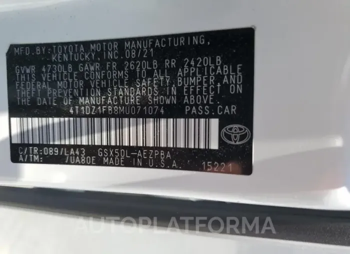 TOYOTA AVALON LIM 2021 vin 4T1DZ1FB8MU071074 from auto auction Copart