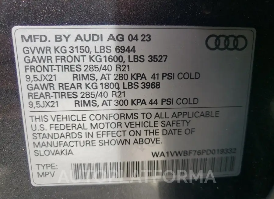 AUDI SQ7 PRESTI 2023 vin WA1VWBF76PD019332 from auto auction Copart