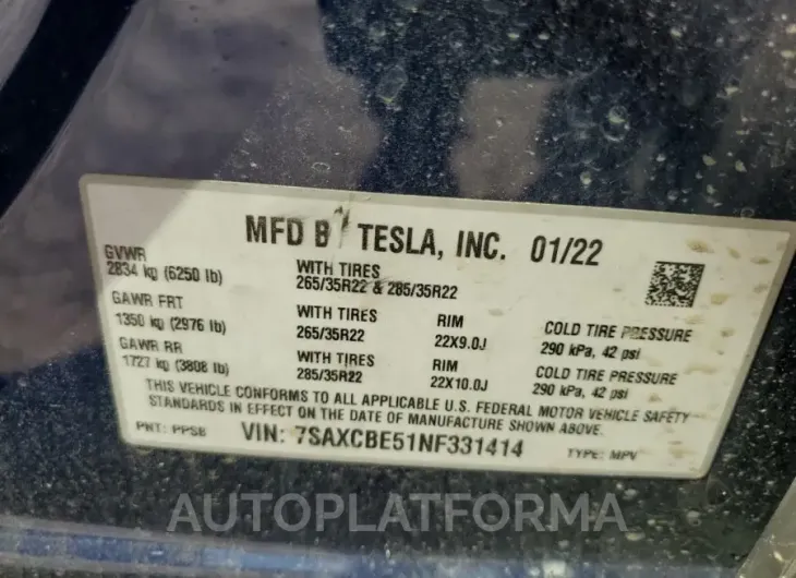 TESLA MODEL X 2022 vin 7SAXCBE51NF331414 from auto auction Copart