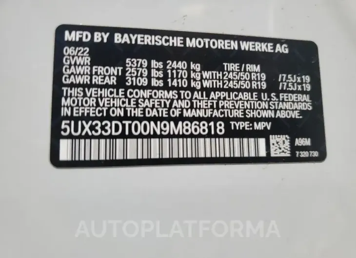 BMW X4 XDRIVE3 2022 vin 5UX33DT00N9M86818 from auto auction Copart