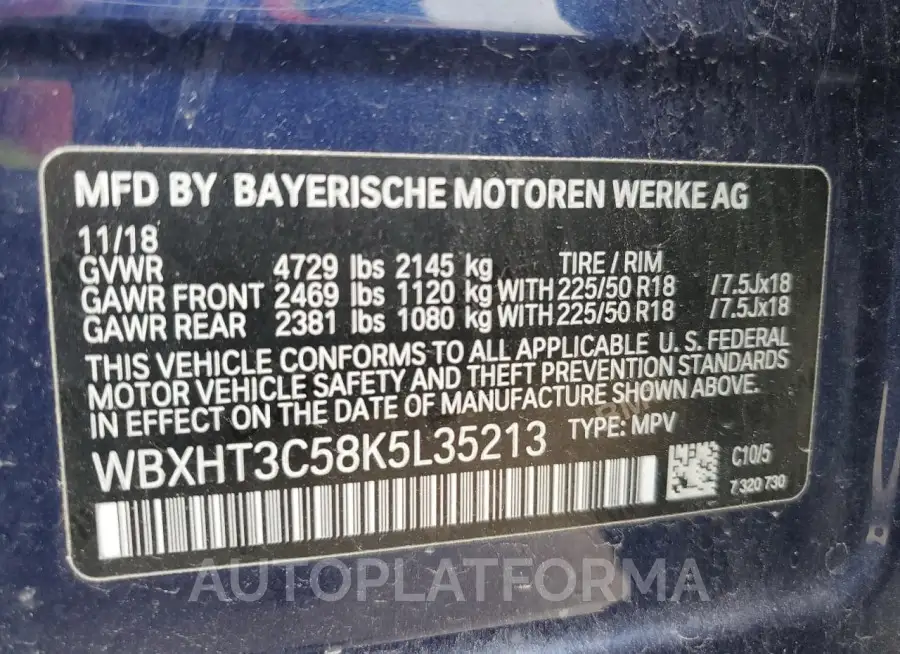 BMW X1 XDRIVE2 2019 vin WBXHT3C58K5L35213 from auto auction Copart