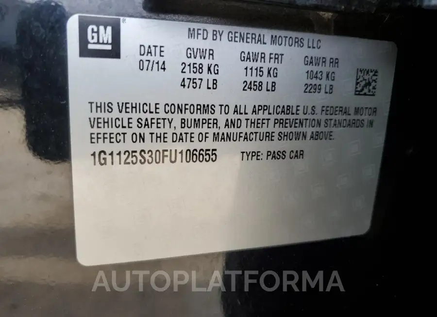 CHEVROLET IMPALA LT 2015 vin 1G1125S30FU106655 from auto auction Copart