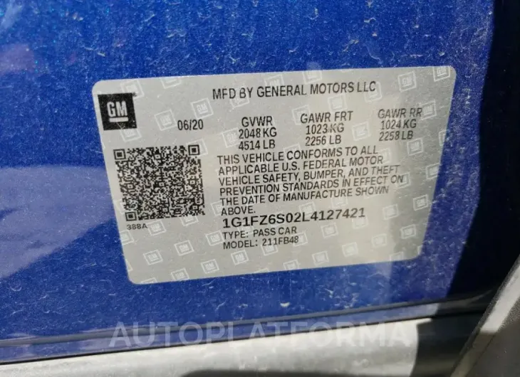 CHEVROLET BOLT EV PR 2020 vin 1G1FZ6S02L4127421 from auto auction Copart