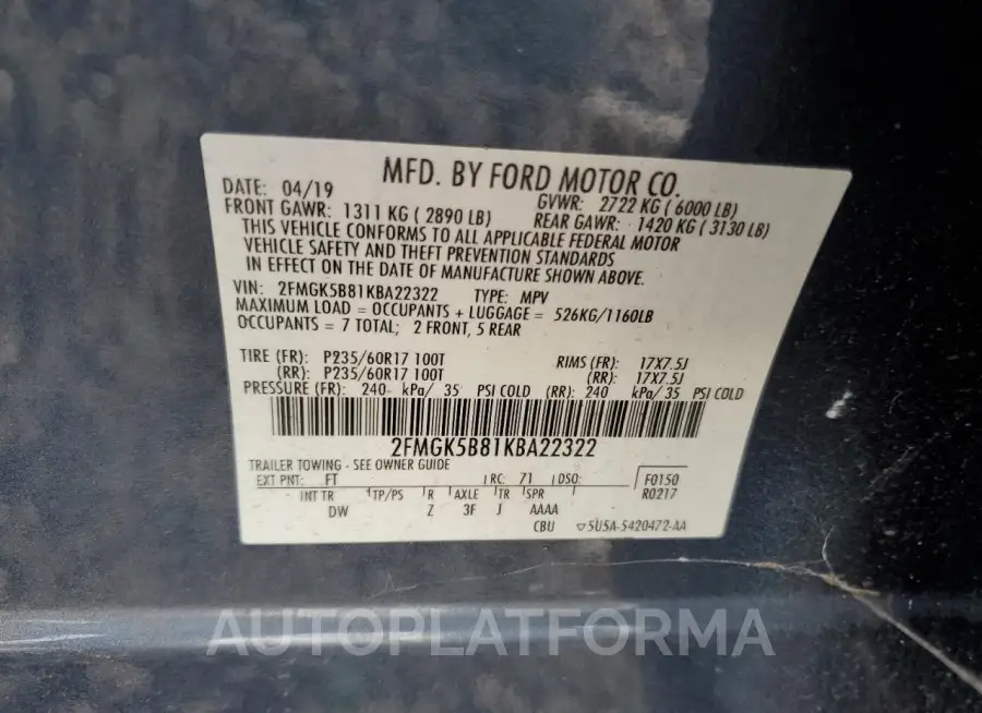 FORD FLEX SE 2019 vin 2FMGK5B81KBA22322 from auto auction Copart