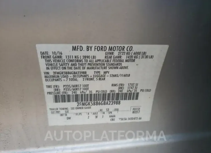 FORD FLEX SE 2016 vin 2FMGK5B86GBA23988 from auto auction Copart