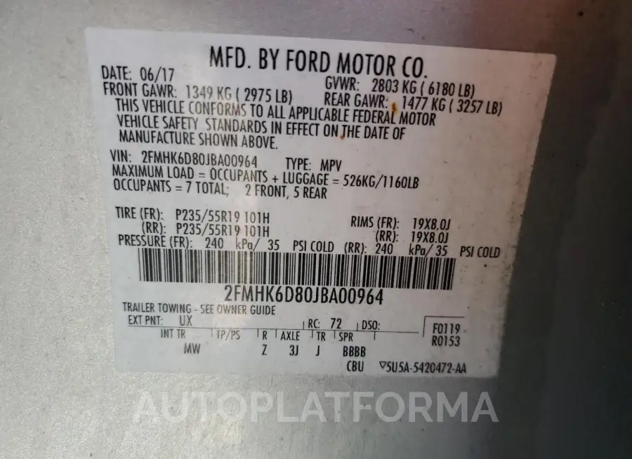 FORD FLEX LIMIT 2018 vin 2FMHK6D80JBA00964 from auto auction Copart