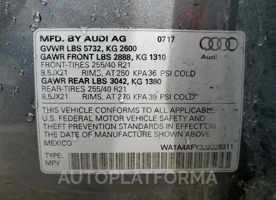 AUDI SQ5 PREMIU 2018 vin WA1A4AFY3J2025311 from auto auction Copart