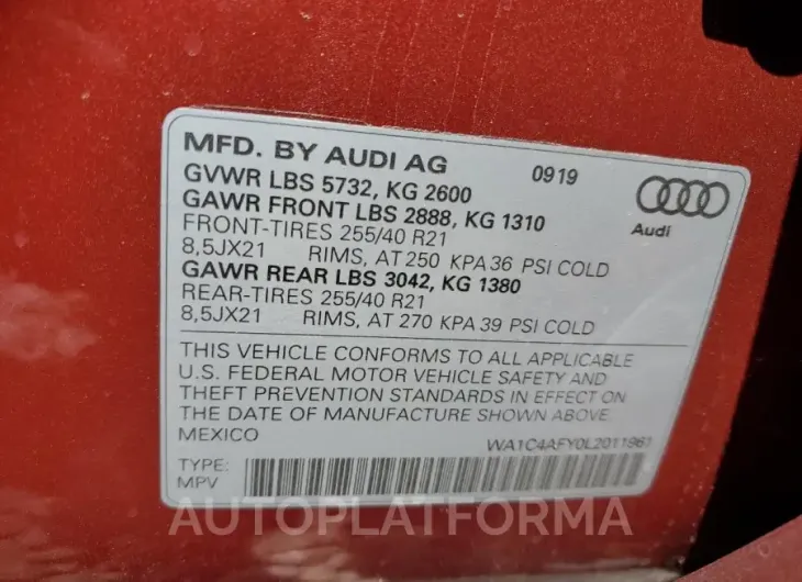 AUDI SQ5 PRESTI 2020 vin WA1C4AFY0L2011961 from auto auction Copart