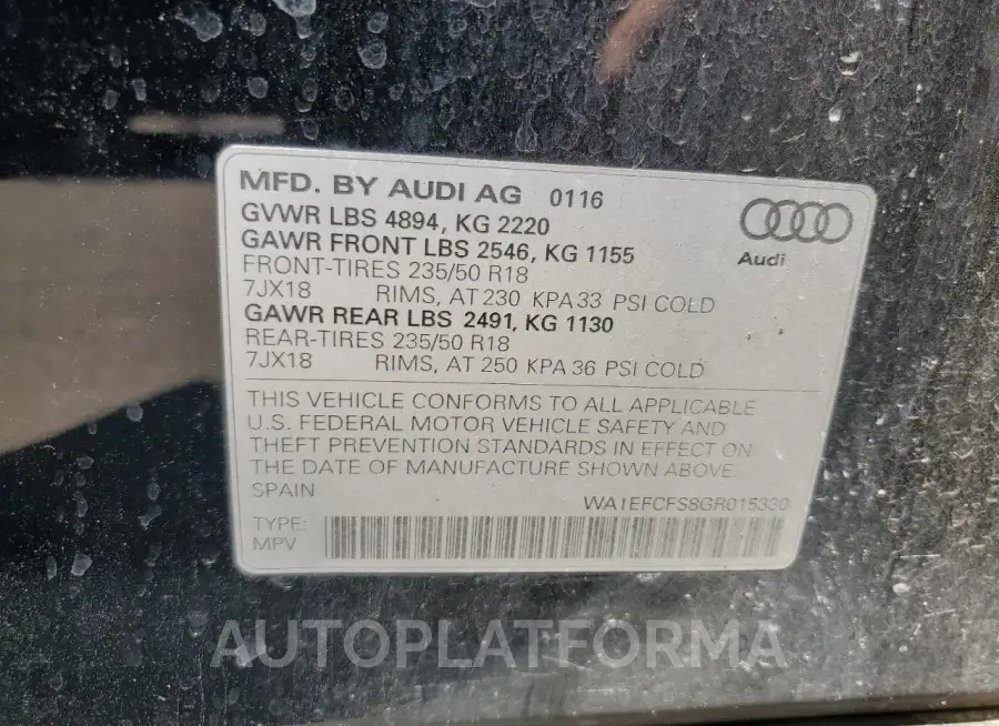 AUDI Q3 PREMIUM 2016 vin WA1EFCFS8GR015330 from auto auction Copart