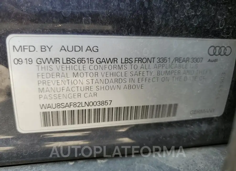 AUDI S8 2020 vin WAU8SAF82LN003857 from auto auction Copart