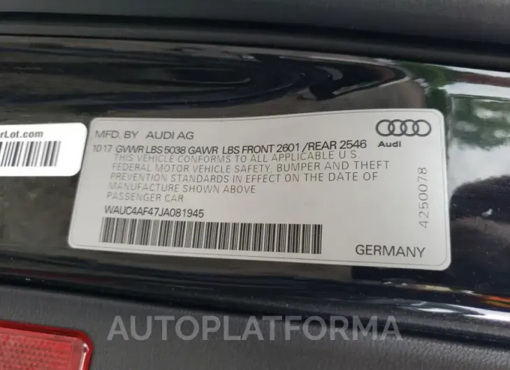 AUDI S4 PRESTIG 2018 vin WAUC4AF47JA081945 from auto auction Copart