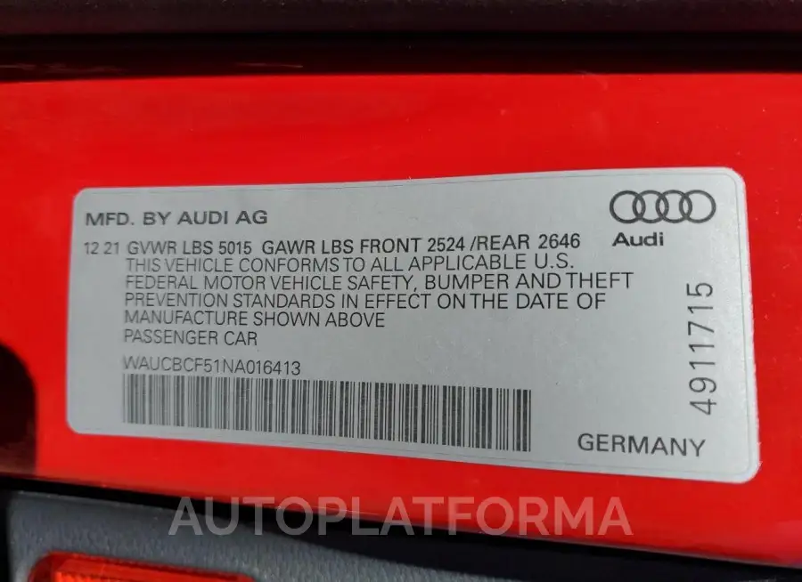 AUDI A5 PREMIUM 2022 vin WAUCBCF51NA016413 from auto auction Copart