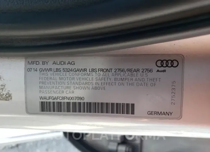 AUDI A6 PREMIUM 2015 vin WAUFGAFC8FN007090 from auto auction Copart