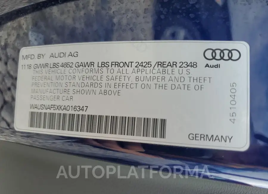 AUDI A5 PREMIUM 2019 vin WAUSNAF5XKA016347 from auto auction Copart