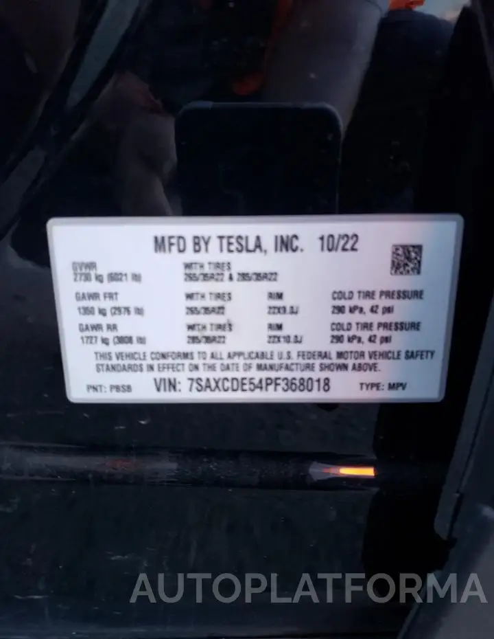 TESLA MODEL X 2023 vin 7SAXCDE54PF368018 from auto auction Copart