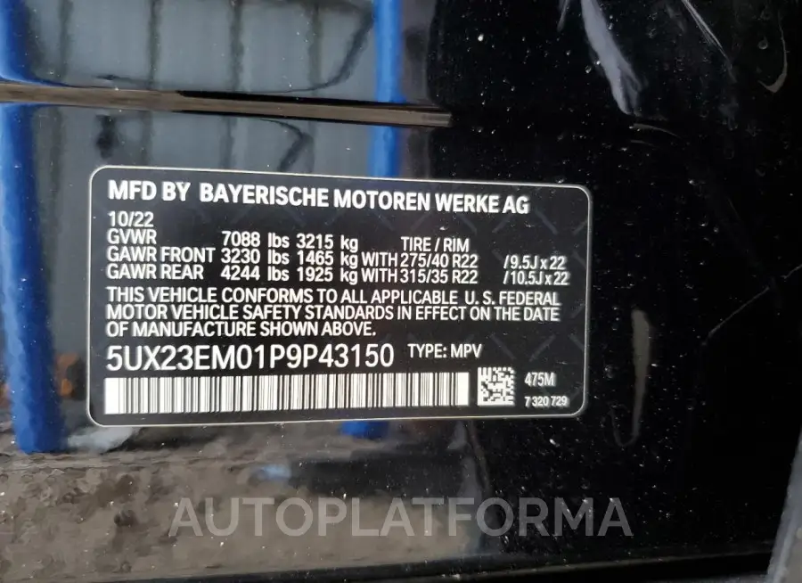 BMW X7 XDRIVE4 2023 vin 5UX23EM01P9P43150 from auto auction Copart