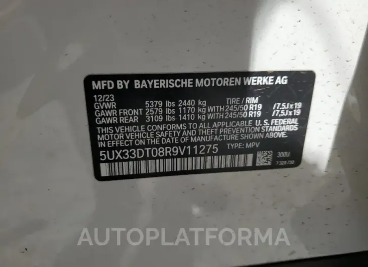 BMW X4 XDRIVE3 2024 vin 5UX33DT08R9V11275 from auto auction Copart