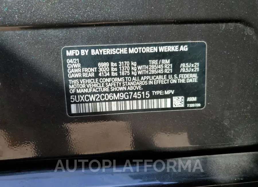 BMW X7 XDRIVE4 2021 vin 5UXCW2C06M9G74515 from auto auction Copart