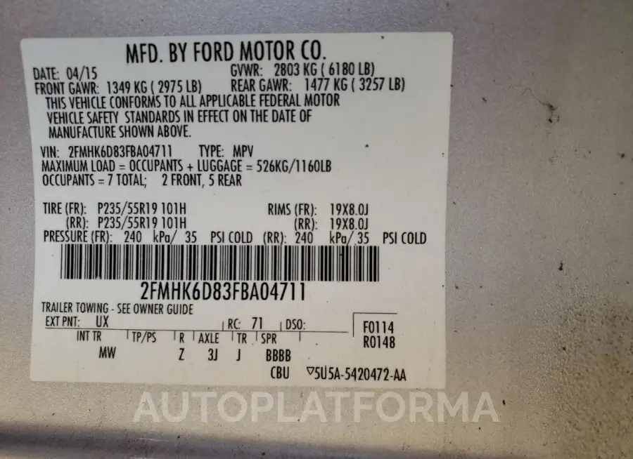 FORD FLEX LIMIT 2015 vin 2FMHK6D83FBA04711 from auto auction Copart