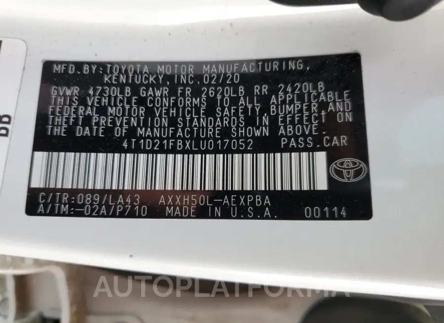 TOYOTA AVALON LIM 2020 vin 4T1D21FBXLU017052 from auto auction Copart