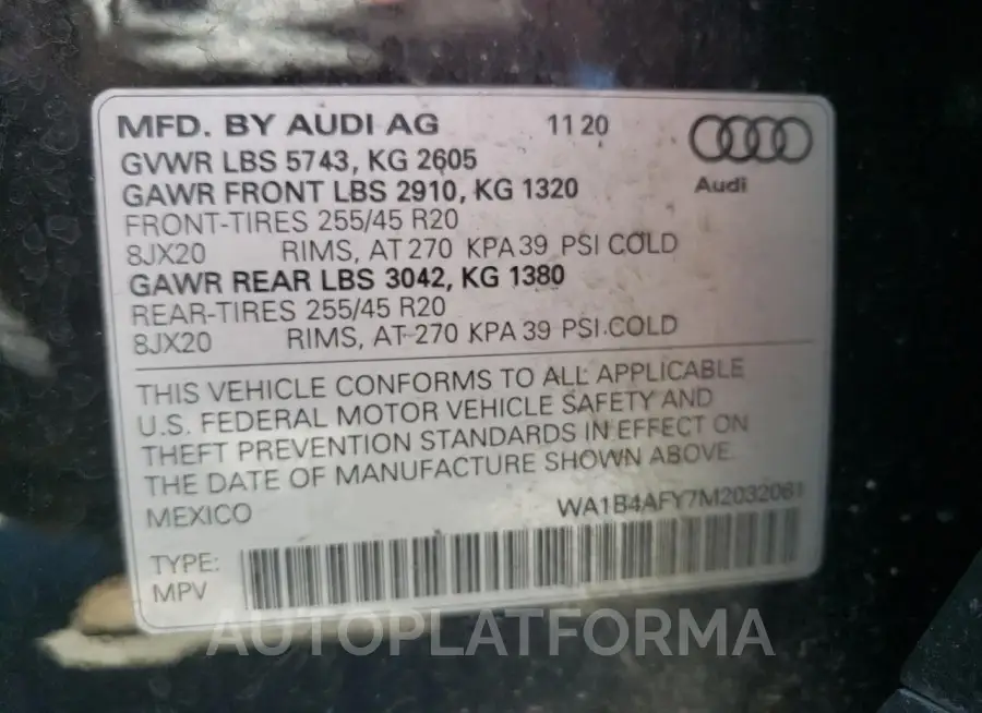 AUDI SQ5 PREMIU 2021 vin WA1B4AFY7M2032061 from auto auction Copart