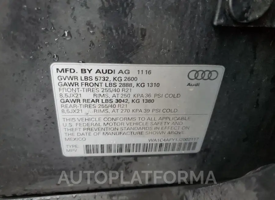 AUDI SQ5 PRESTI 2018 vin WA1C4AFY1J2002117 from auto auction Copart