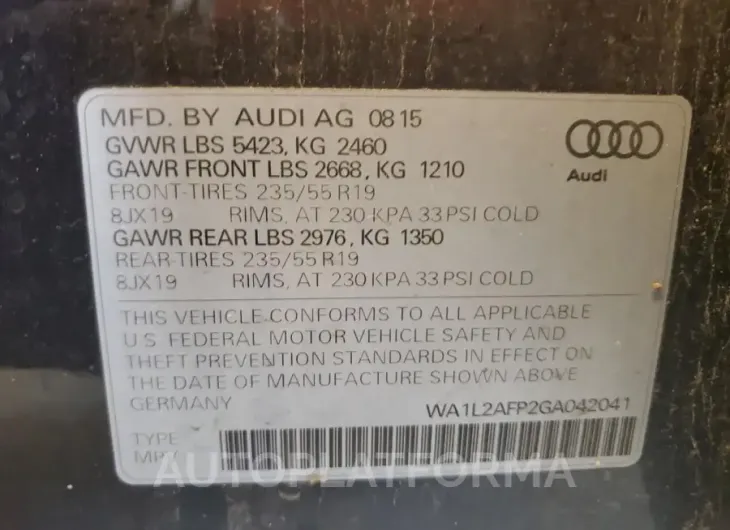 AUDI Q5 PREMIUM 2016 vin WA1L2AFP2GA042041 from auto auction Copart