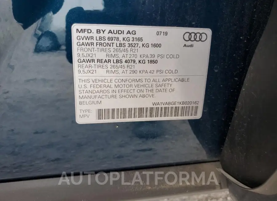 AUDI E-TRON PRE 2019 vin WA1VABGE1KB020162 from auto auction Copart