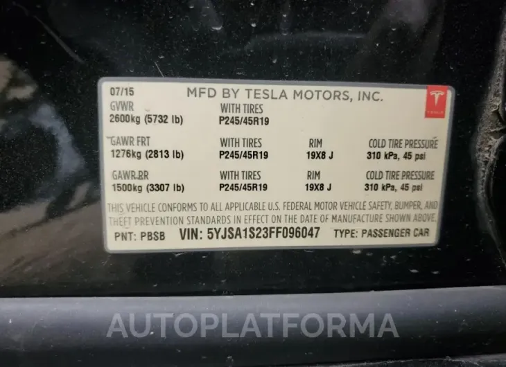 TESLA MODEL S 70 2015 vin 5YJSA1S23FF096047 from auto auction Copart