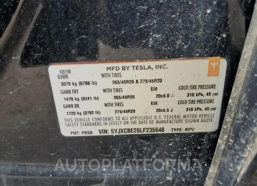 TESLA MODEL X 2020 vin 5YJXCBE26LF235648 from auto auction Copart