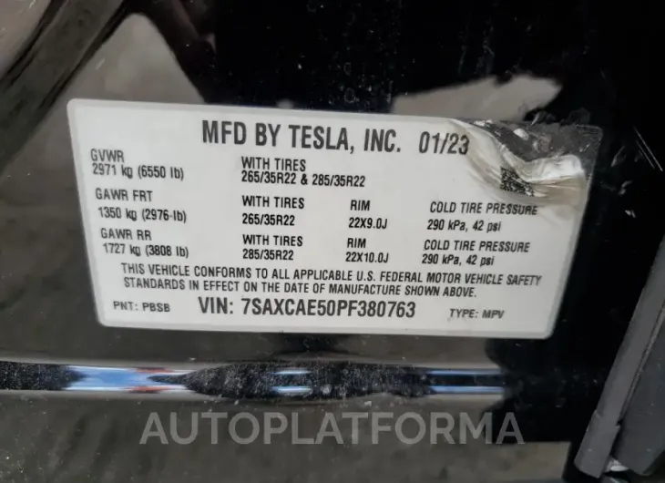 TESLA MODEL X 2023 vin 7SAXCAE50PF380763 from auto auction Copart