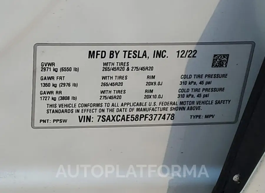 TESLA MODEL X 2023 vin 7SAXCAE58PF377478 from auto auction Copart