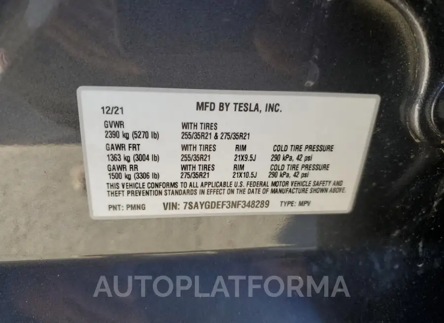 TESLA MODEL Y 2022 vin 7SAYGDEF3NF348289 from auto auction Copart