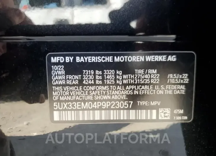 BMW X7 M60I 2023 vin 5UX33EM04P9P23057 from auto auction Copart